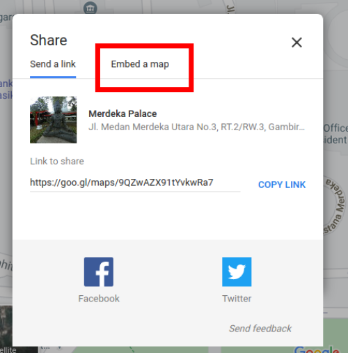 Tab Embed a map pada dialog Share Google Maps
