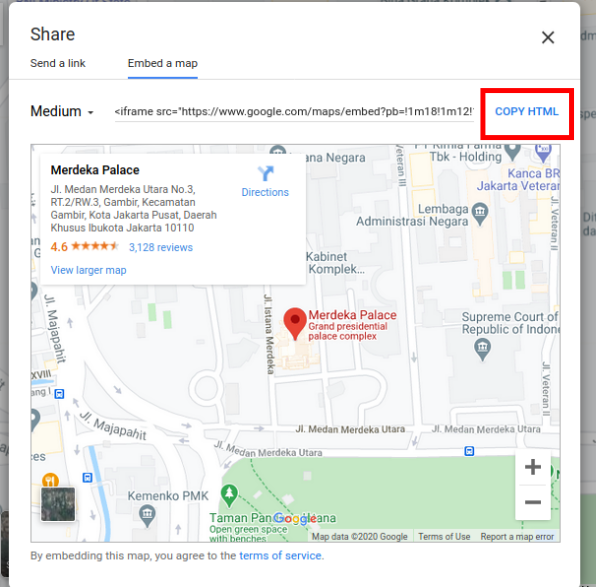 Tombol Copy HTML pada tab Embed a map