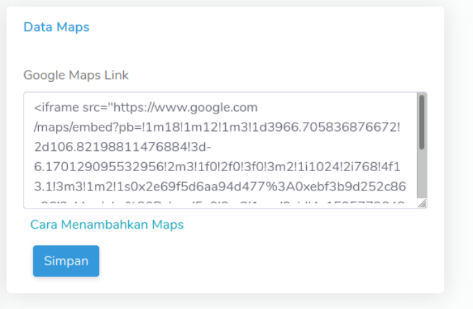Kode iframe ditempel pada kolom Google Maps Link